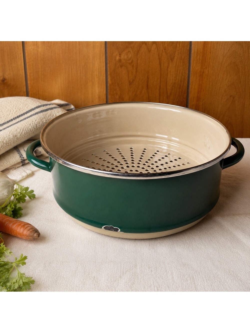 Le Creuset 10 Inch Enamel Steamer Basket Insert Green Cream Vintage Cookware